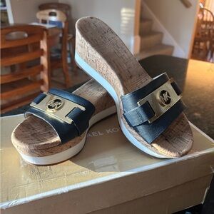 Michael Kors Navy Platform Sandals with Gold Buckle